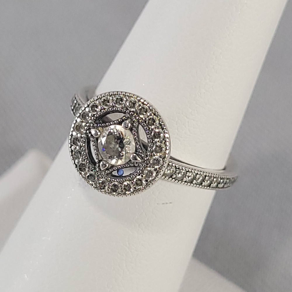 Pandora Sterling Silver Halo Ring Women Size 6 Round Pave Sparkle Cluster